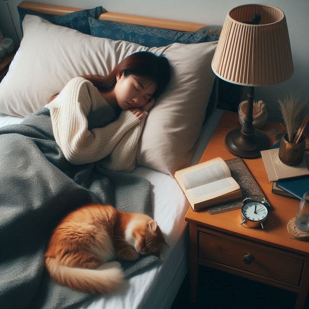 Woman sleeping with a cat